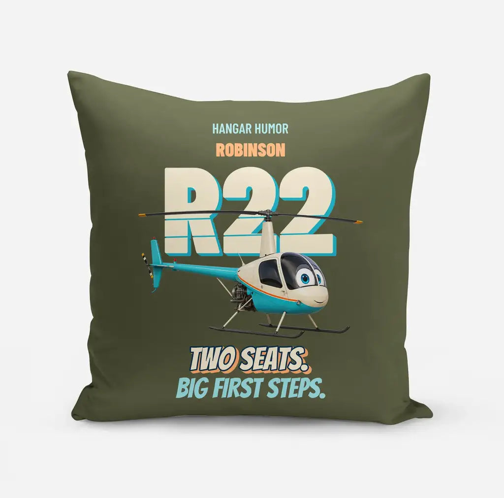 Robinson R22 Beta II - Two seats. Big first steps. design on green army pillow