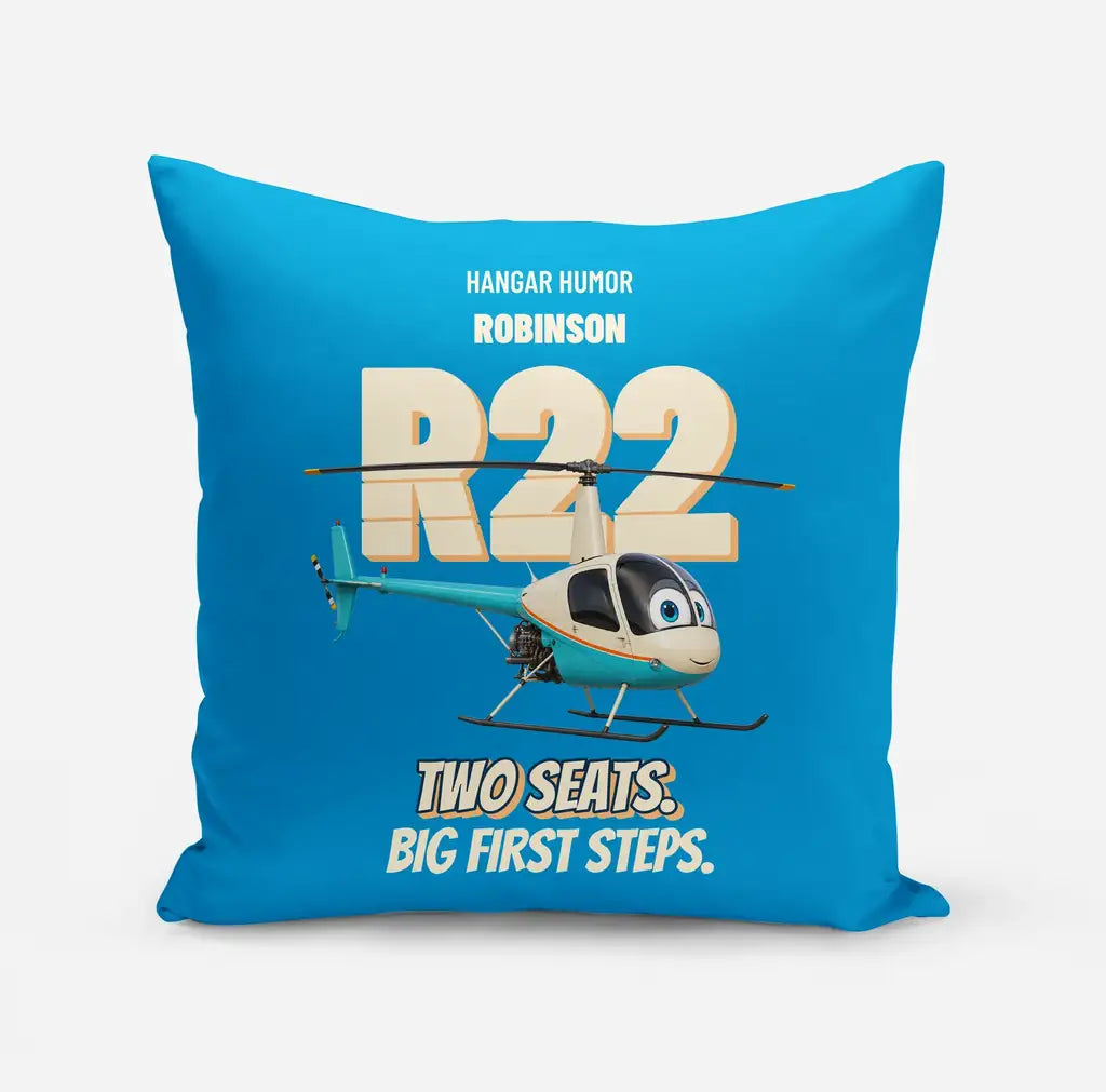Robinson R22 Beta II - Two seats. Big first steps. design on turquoise pillow