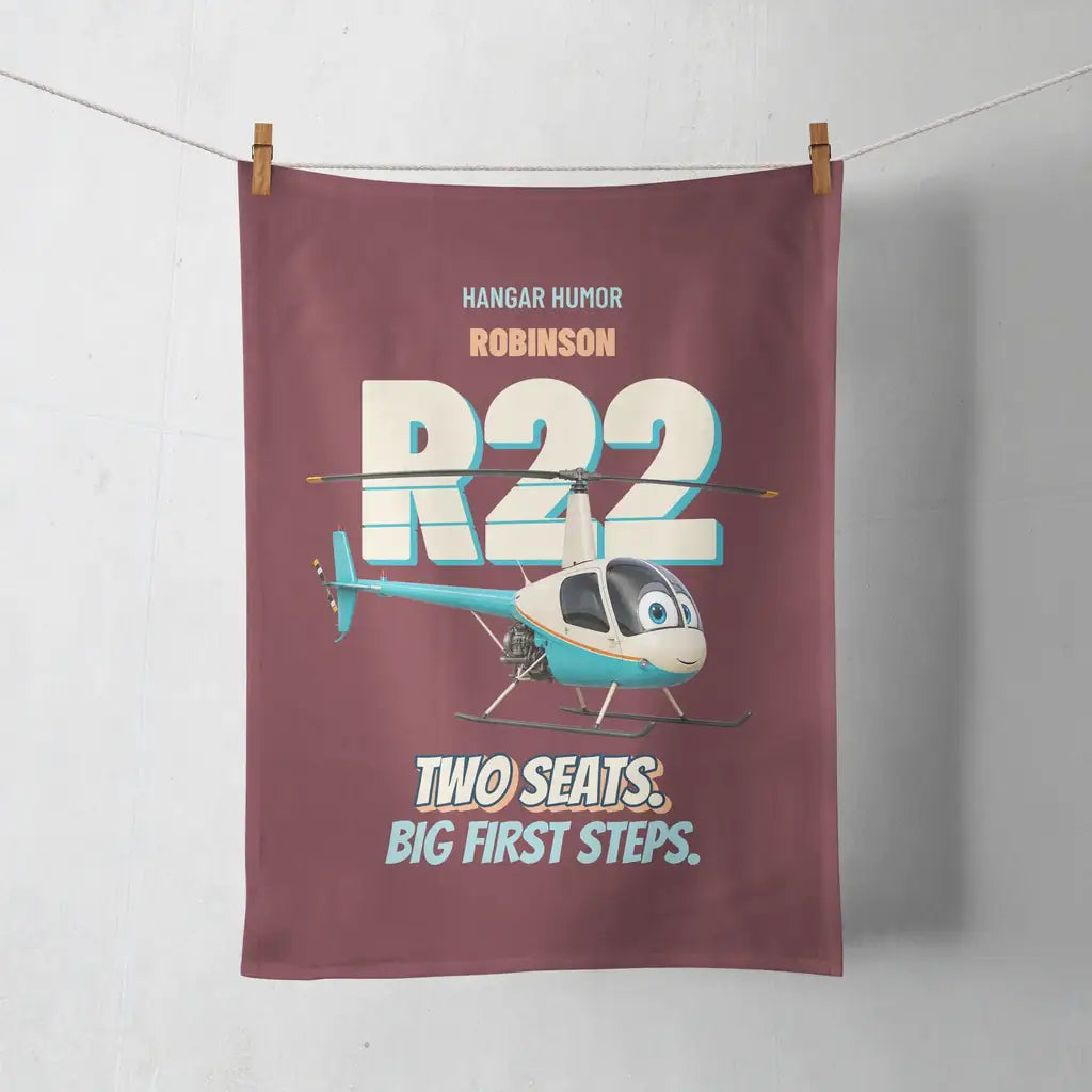 Robinson R22 Beta II - Two seats. Big first steps. design on dark red towel