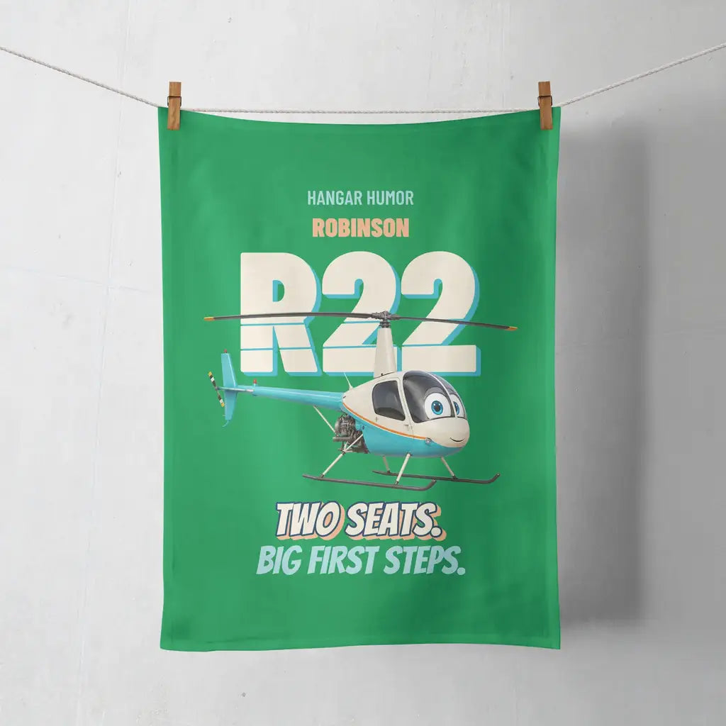 Robinson R22 Beta II - Two seats. Big first steps. design on green towel