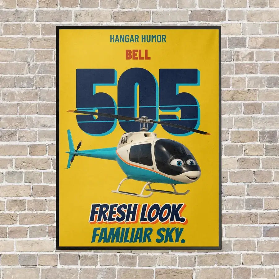 Bell 505 - Fresh look. Familiar sky. vertical canvas print - framed - yellow background