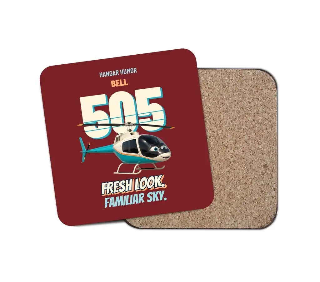 Bell 505 - Fresh look. Familiar sky. design on dark red 1 piece coaster