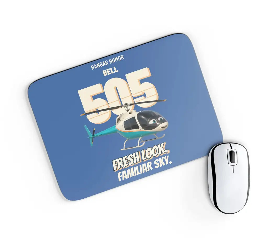 Bell 505 - Fresh look. Familiar sky. design on blue rectangle mouse pad