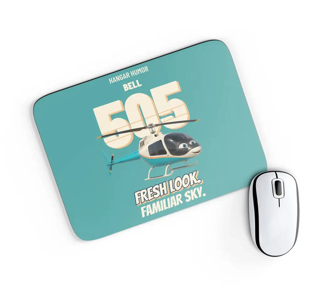 Bell 505 - Fresh look. Familiar sky. design on turquoise rectangle mouse pad