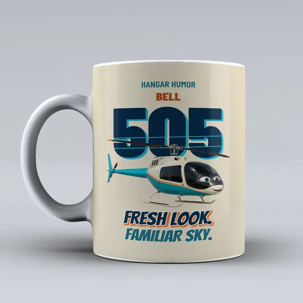 Bell 505 - Fresh look. Familiar sky. design on beige ceramic mug