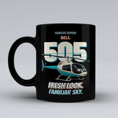 Bell 505 - Fresh look. Familiar sky. design on black ceramic mug