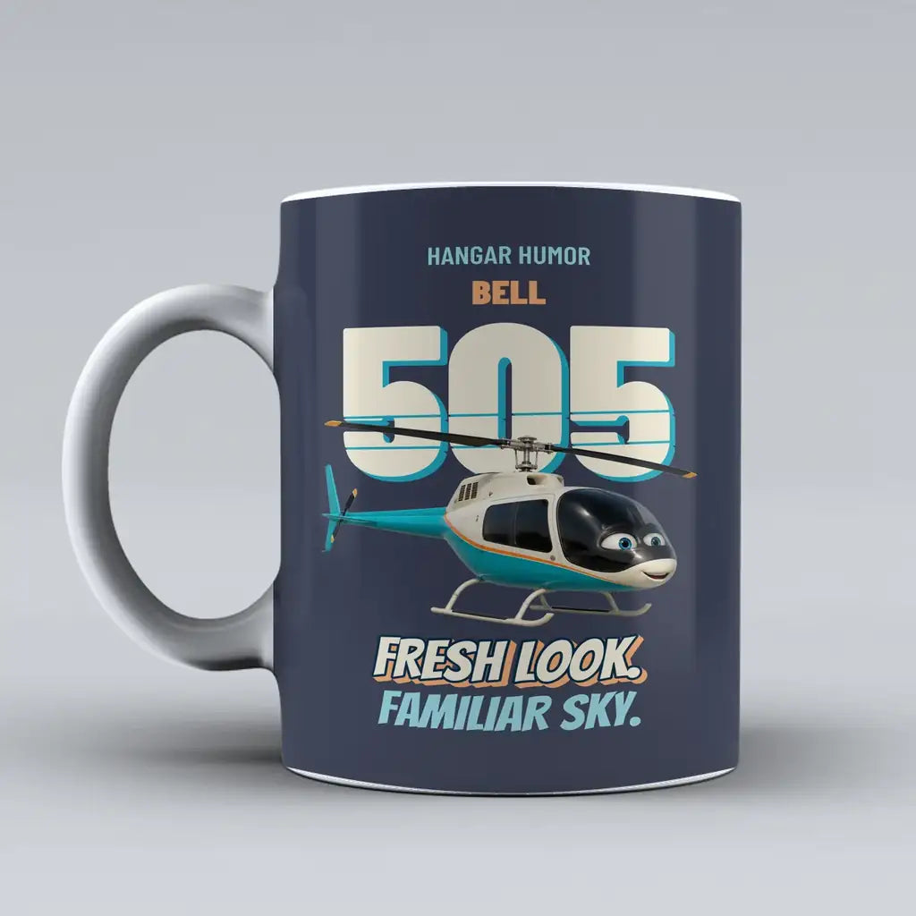 Bell 505 - Fresh look. Familiar sky. design on dark blue ceramic mug