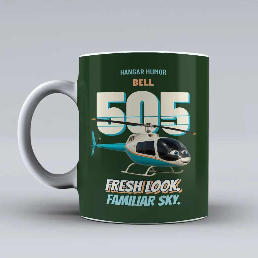 Bell 505 - Fresh look. Familiar sky. design on dark green ceramic mug
