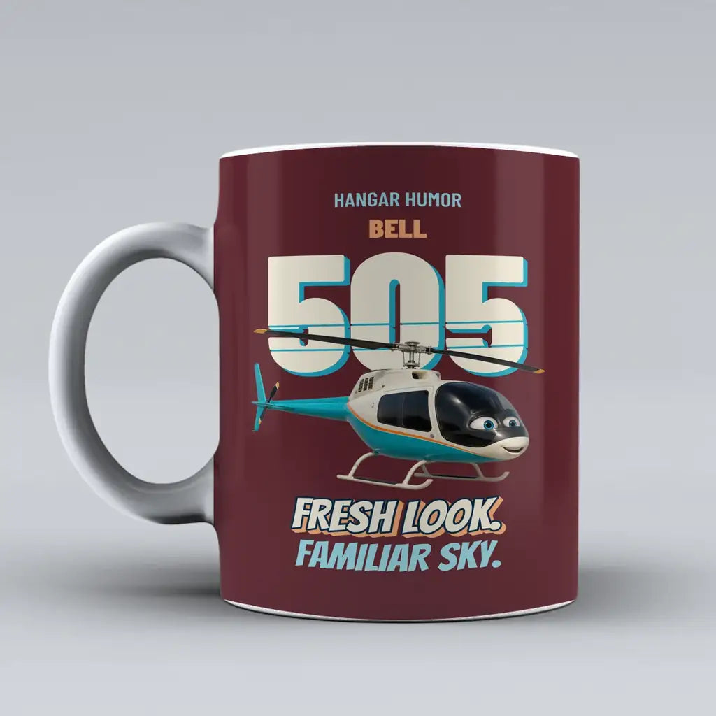 Bell 505 - Fresh look. Familiar sky. design on dark red ceramic mug