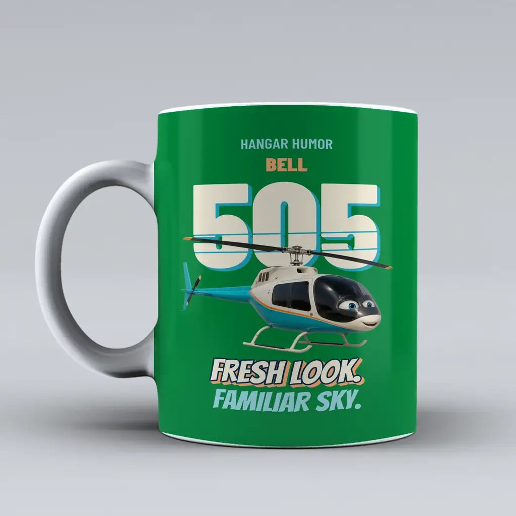 Bell 505 - Fresh look. Familiar sky. design on green ceramic mug
