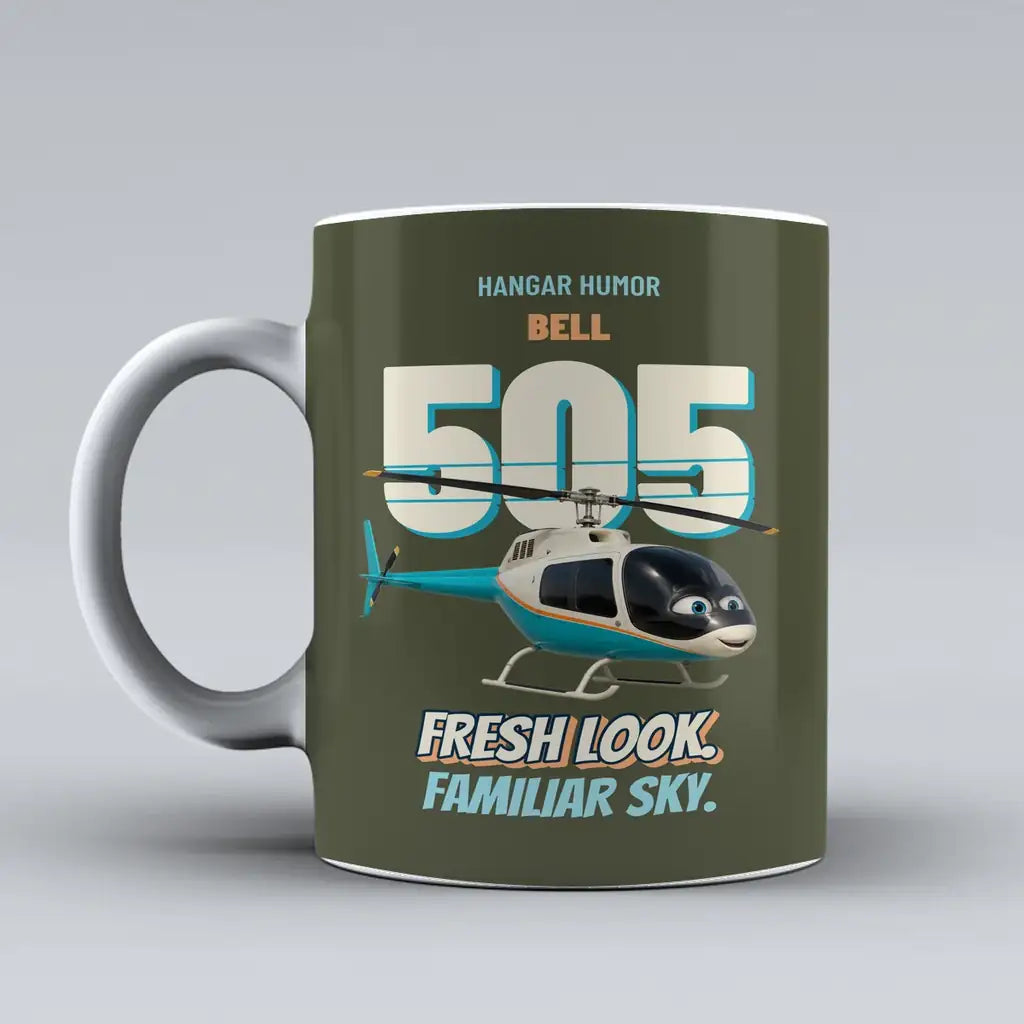 Bell 505 - Fresh look. Familiar sky. design on green army ceramic mug