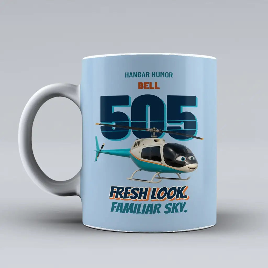 Bell 505 - Fresh look. Familiar sky. design on light blue ceramic mug
