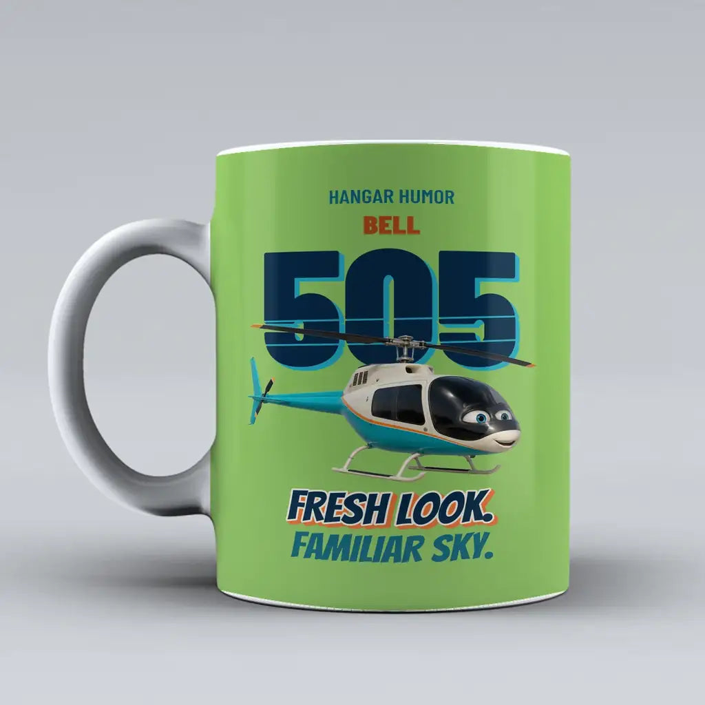 Bell 505 - Fresh look. Familiar sky. design on light green ceramic mug