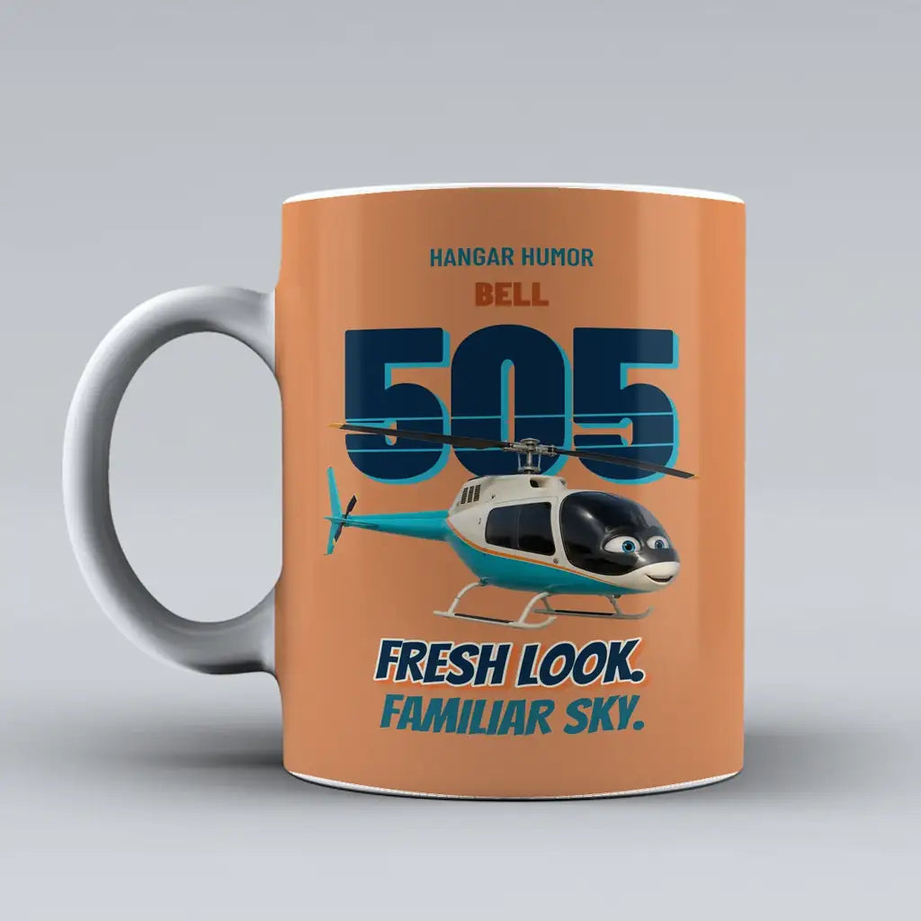 Bell 505 - Fresh look. Familiar sky. design on orange ceramic mug