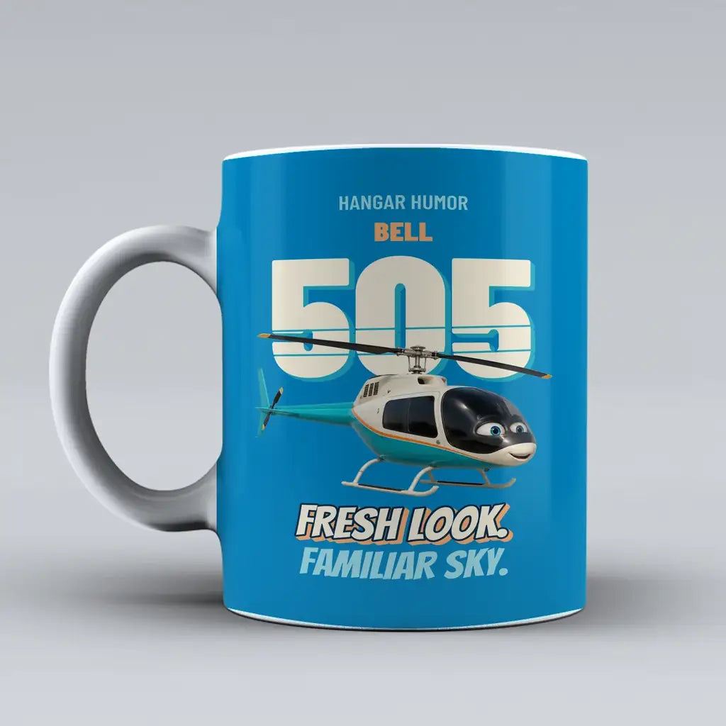 Bell 505 - Fresh look. Familiar sky. design on turquoise ceramic mug