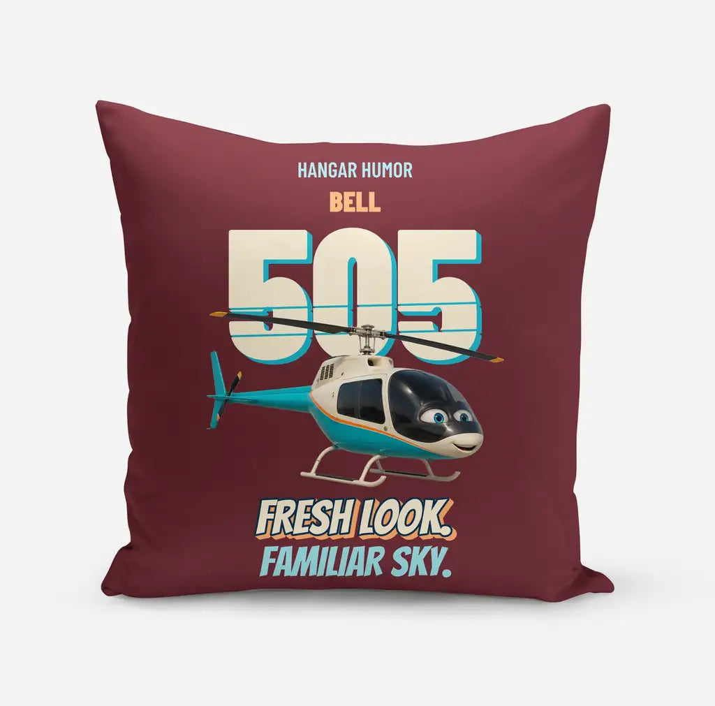 Bell 505 - Fresh look. Familiar sky. design on dark red pillow