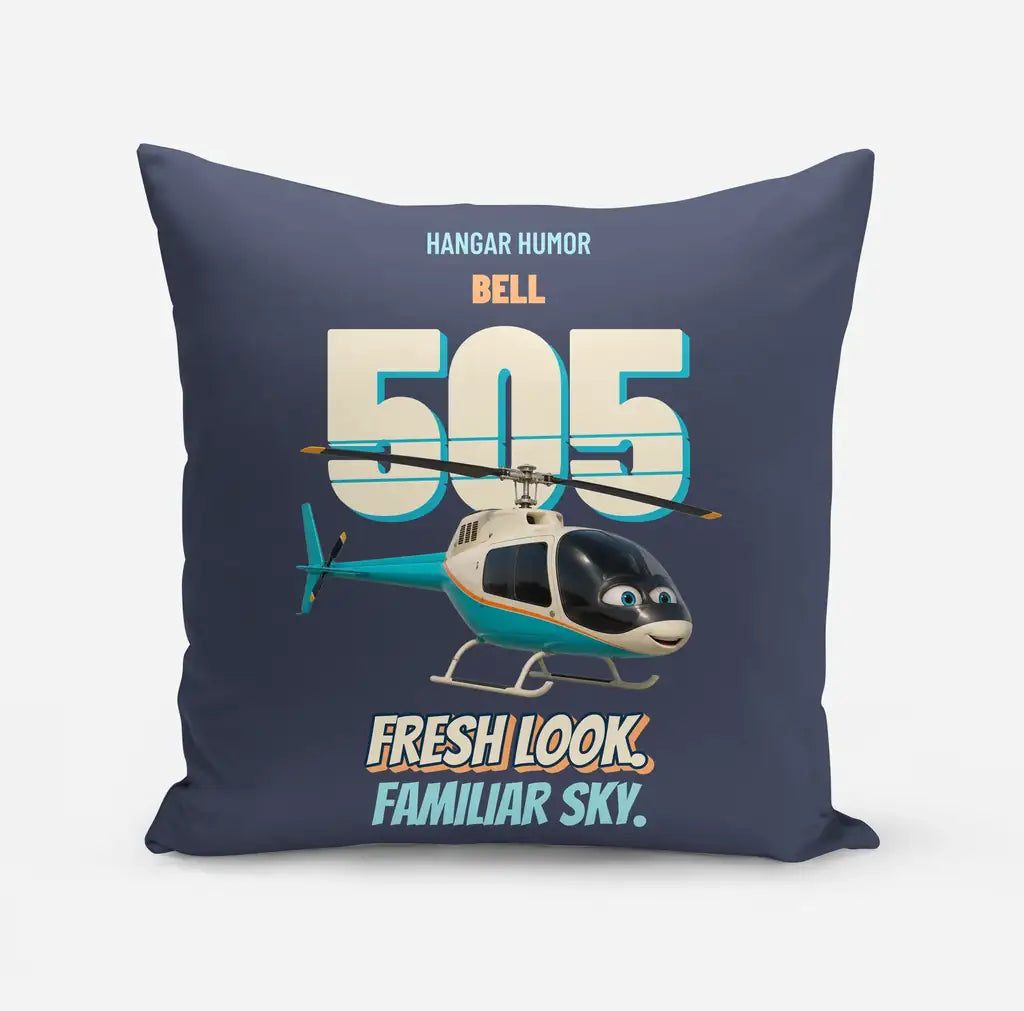 Bell 505 - Fresh look. Familiar sky. design on navy blue pillow