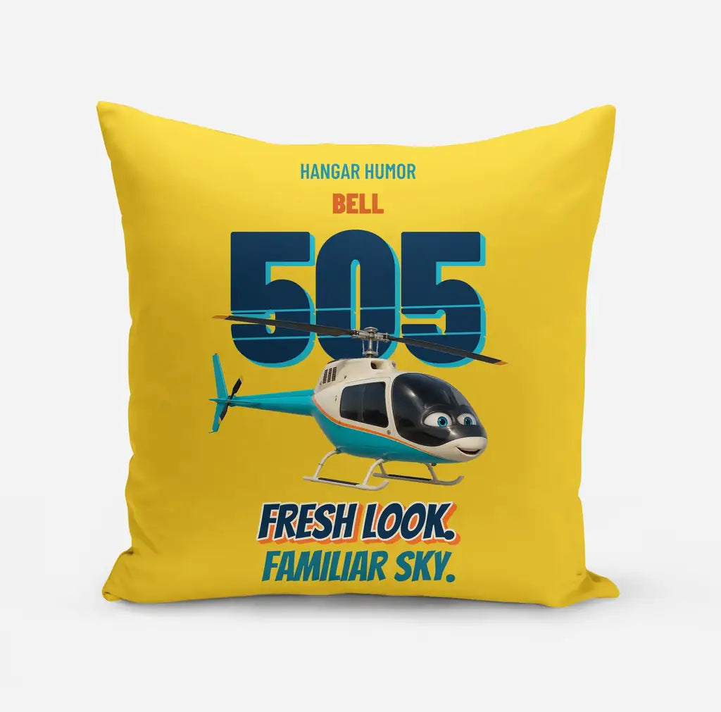 Bell 505 - Fresh look. Familiar sky. design on yellow pillow