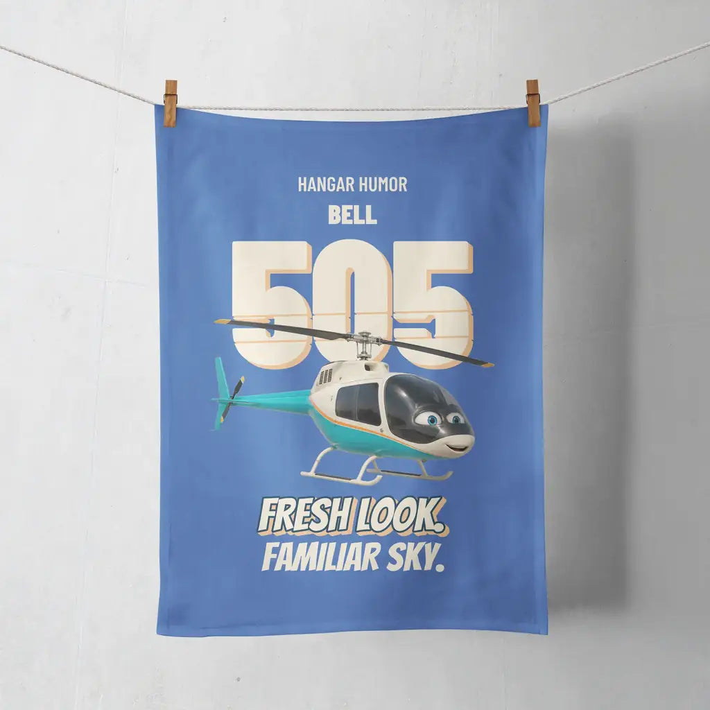 Bell 505 - Fresh look. Familiar sky. design on blue towel