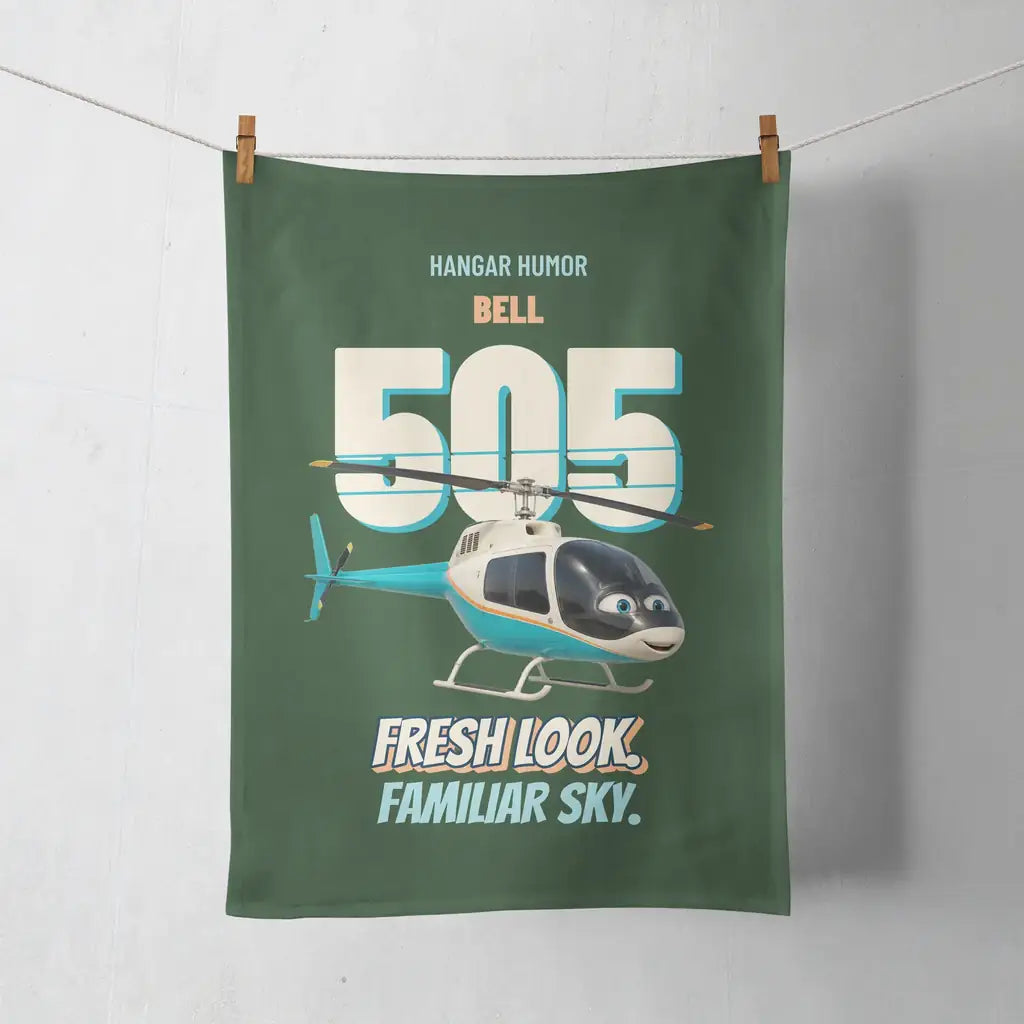 Bell 505 - Fresh look. Familiar sky. design on dark green towel