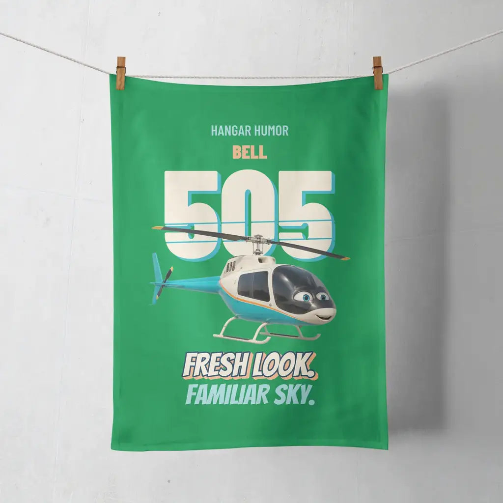 Bell 505 - Fresh look. Familiar sky. design on green towel