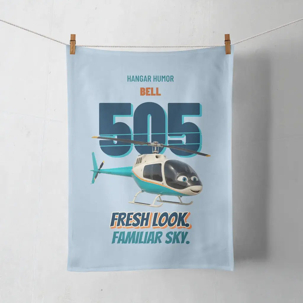 Bell 505 - Fresh look. Familiar sky. design on light blue towel