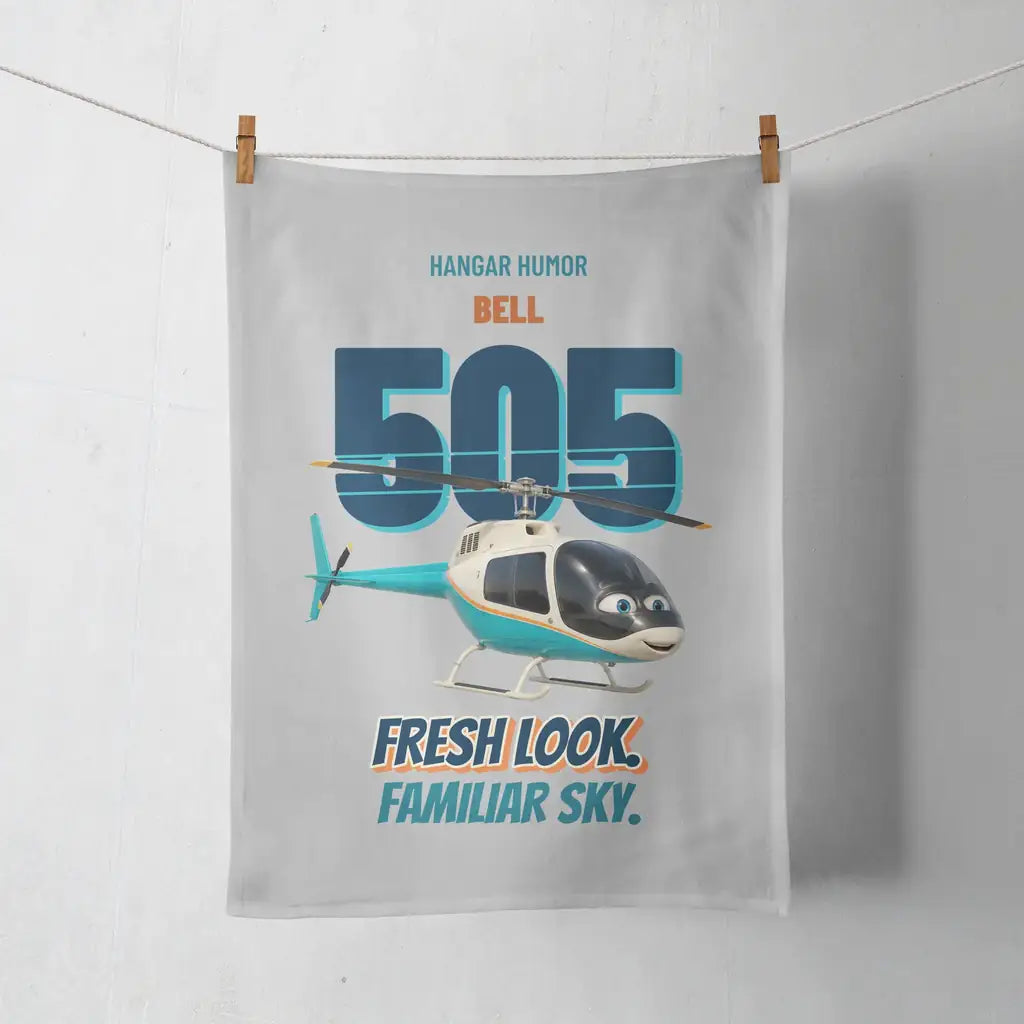 Bell 505 - Fresh look. Familiar sky. design on light gray towel