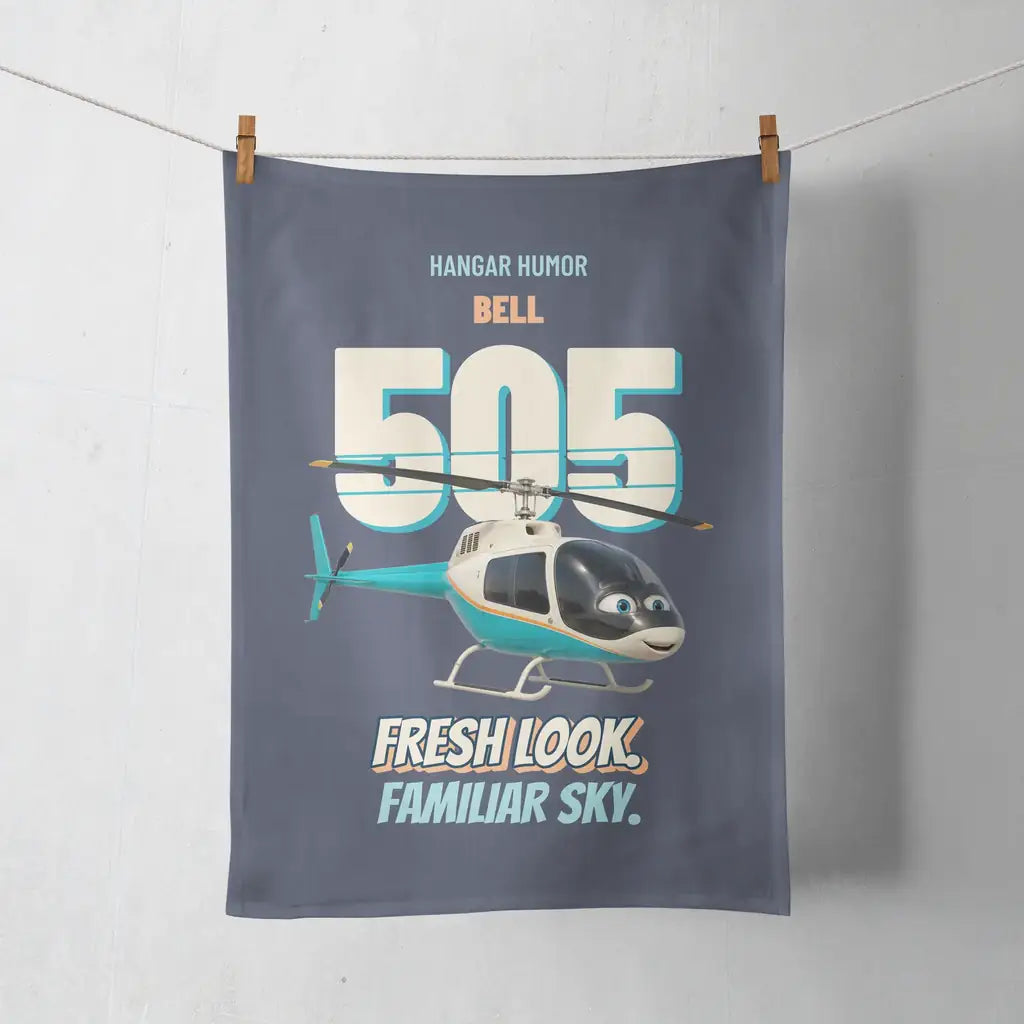 Bell 505 - Fresh look. Familiar sky. design on navy blue towel