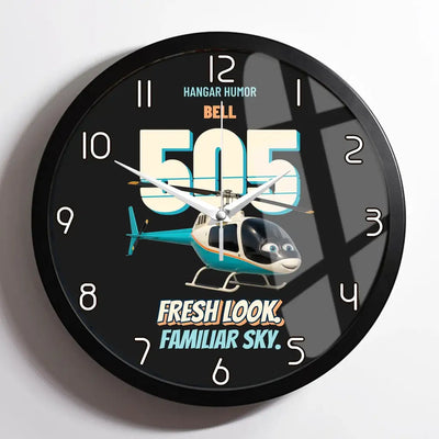 Bell 505 - Fresh look. Familiar sky. design on black framed wall clock