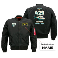 Thumbnail for Bell 429 - Twin power. One happy hover. design on black bomber jacket with custom name badge