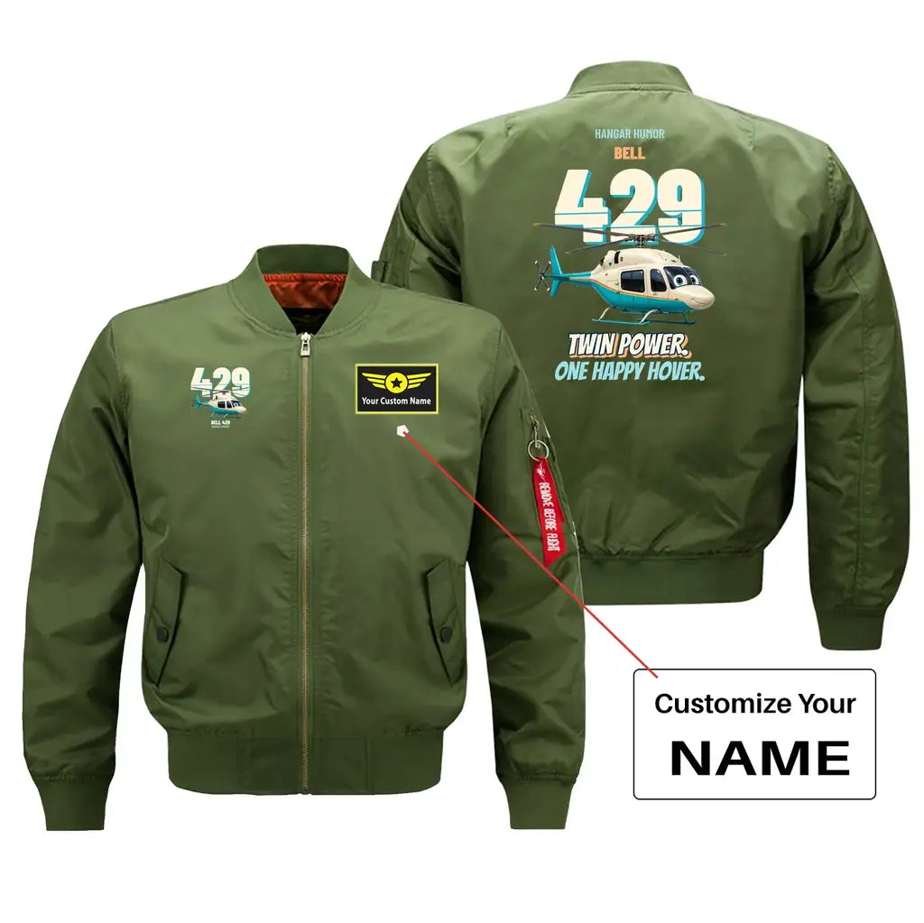 Bell 429 - Twin power. One happy hover. design on green bomber jacket with custom name badge