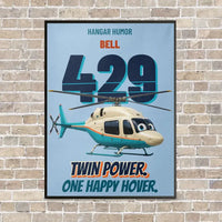 Thumbnail for Bell 429 - Twin power. One happy hover. vertical canvas print - framed - light blue background