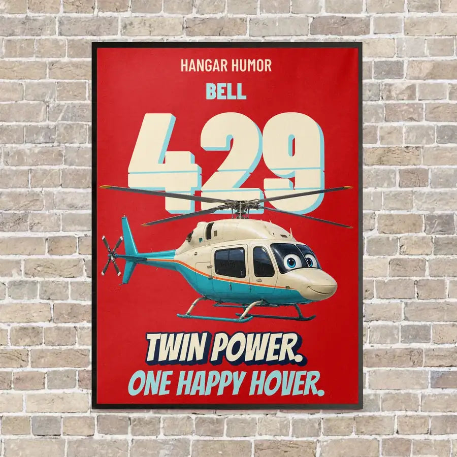 Bell 429 - Twin power. One happy hover. vertical canvas print - framed - red background