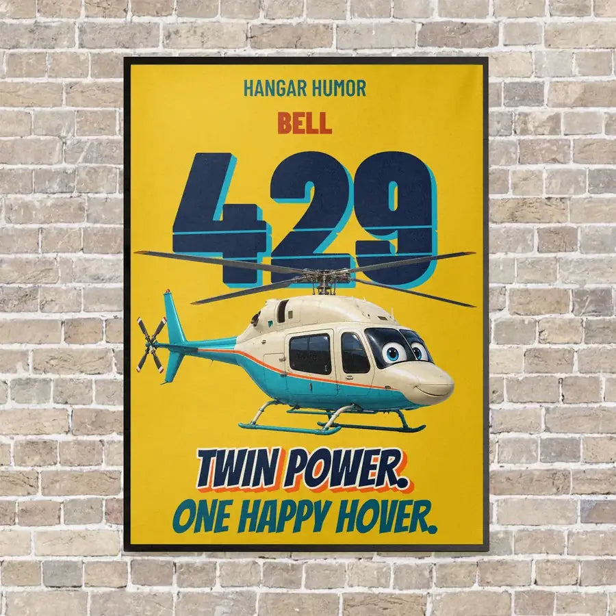 Bell 429 - Twin power. One happy hover. vertical canvas print - framed - yellow background