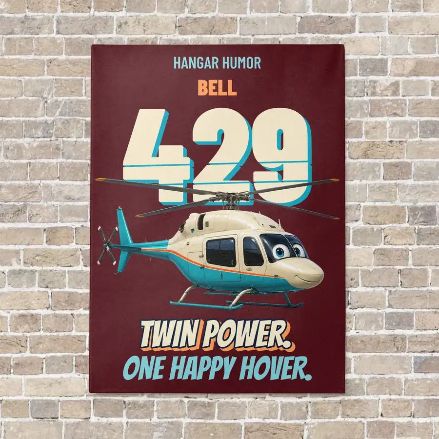 Bell 429 - Twin power. One happy hover. vertical canvas print - no frame - dark red background