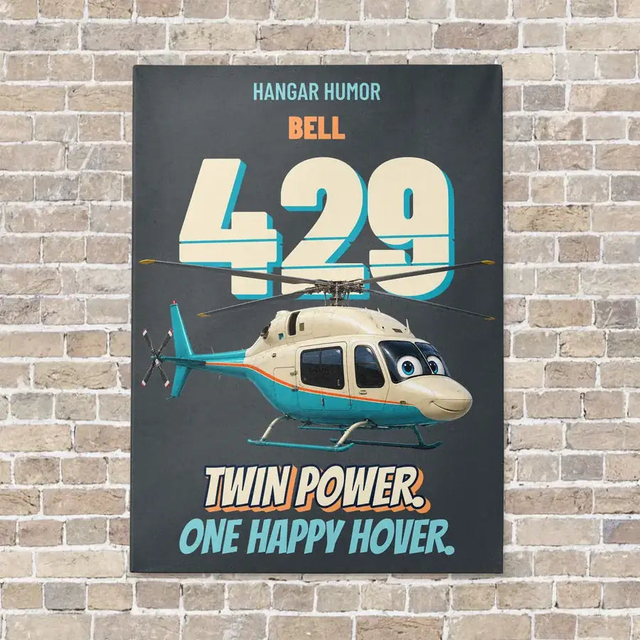 Bell 429 - Twin power. One happy hover. vertical canvas print - no frame - gray background