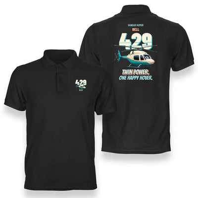 Bell 429 - Twin power. One happy hover. design on black polo t-shirt