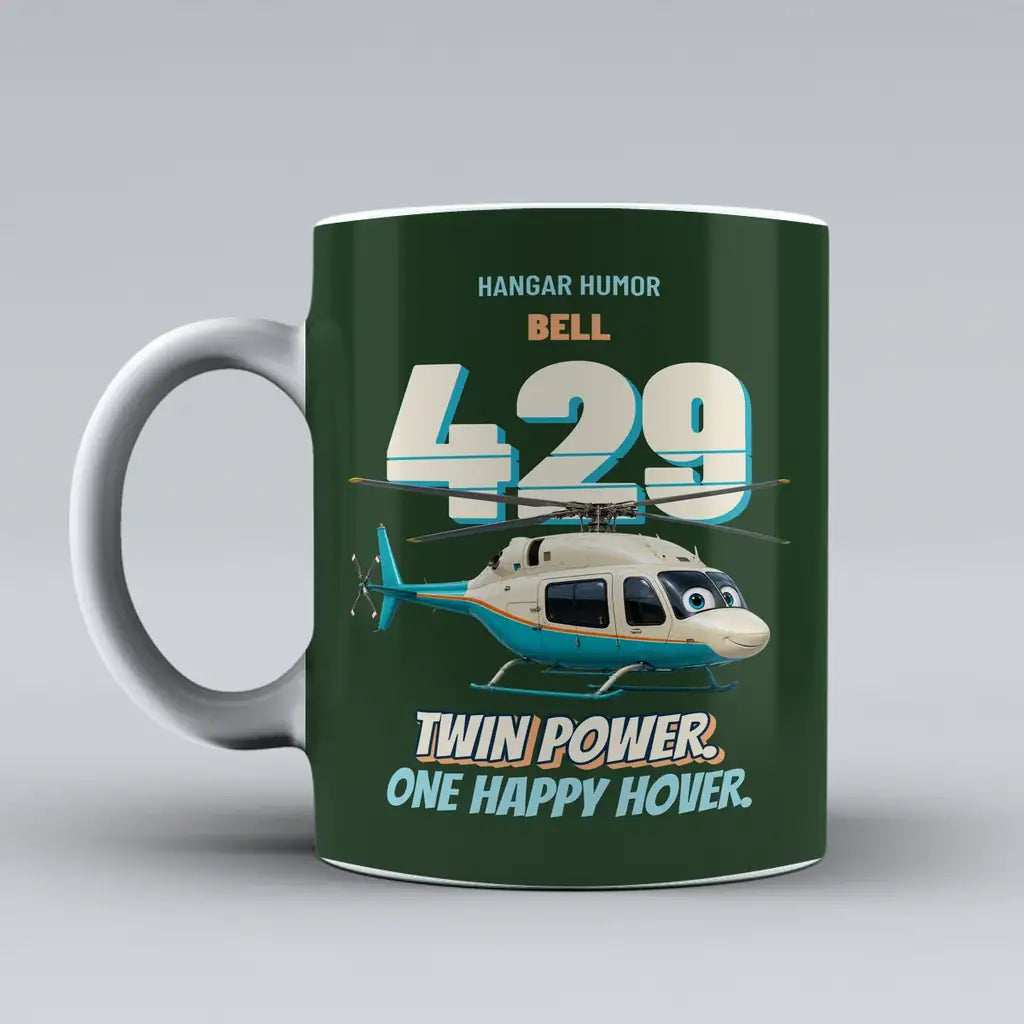 Bell 429 - Twin power. One happy hover. design on dark green ceramic mug