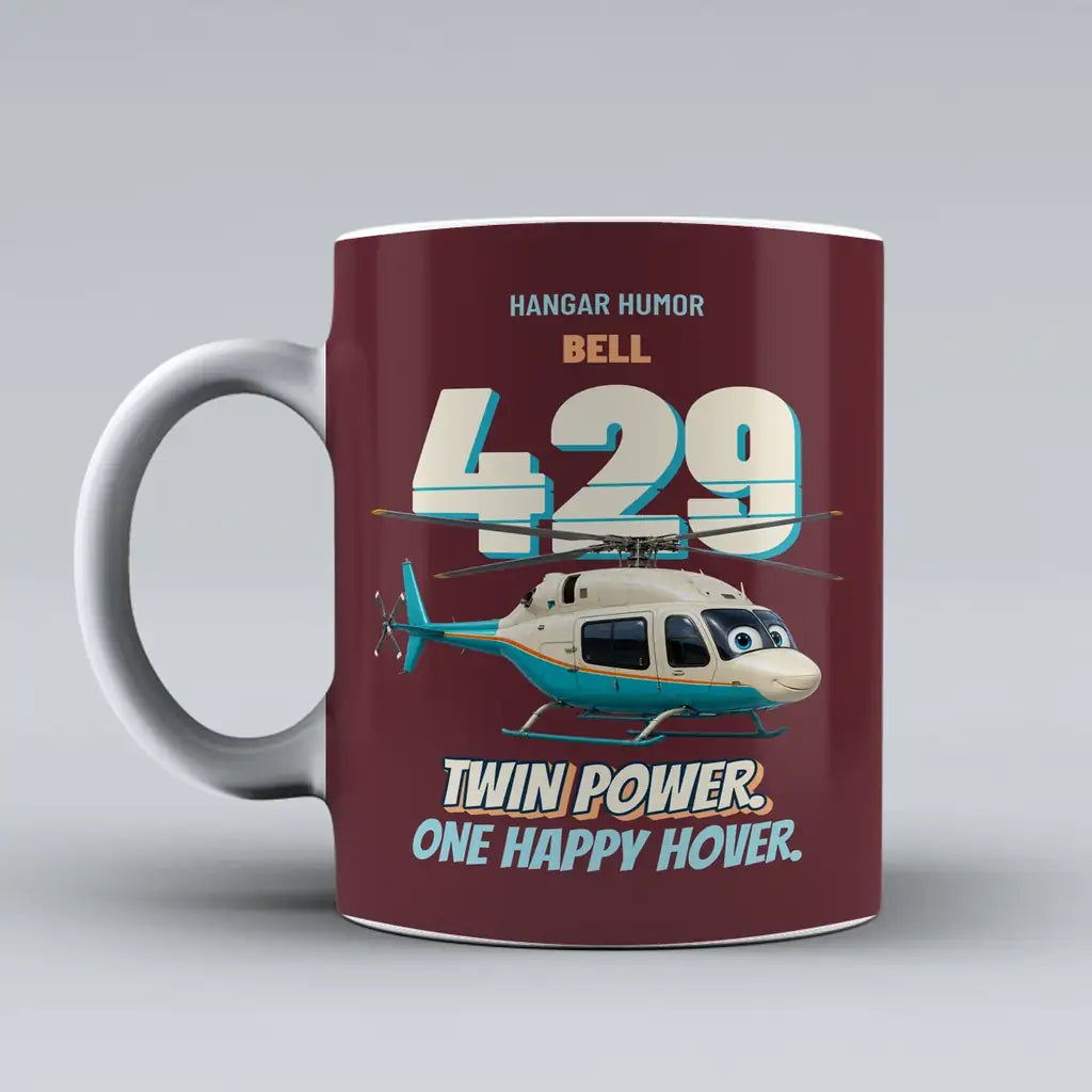 Bell 429 - Twin power. One happy hover. design on dark red ceramic mug
