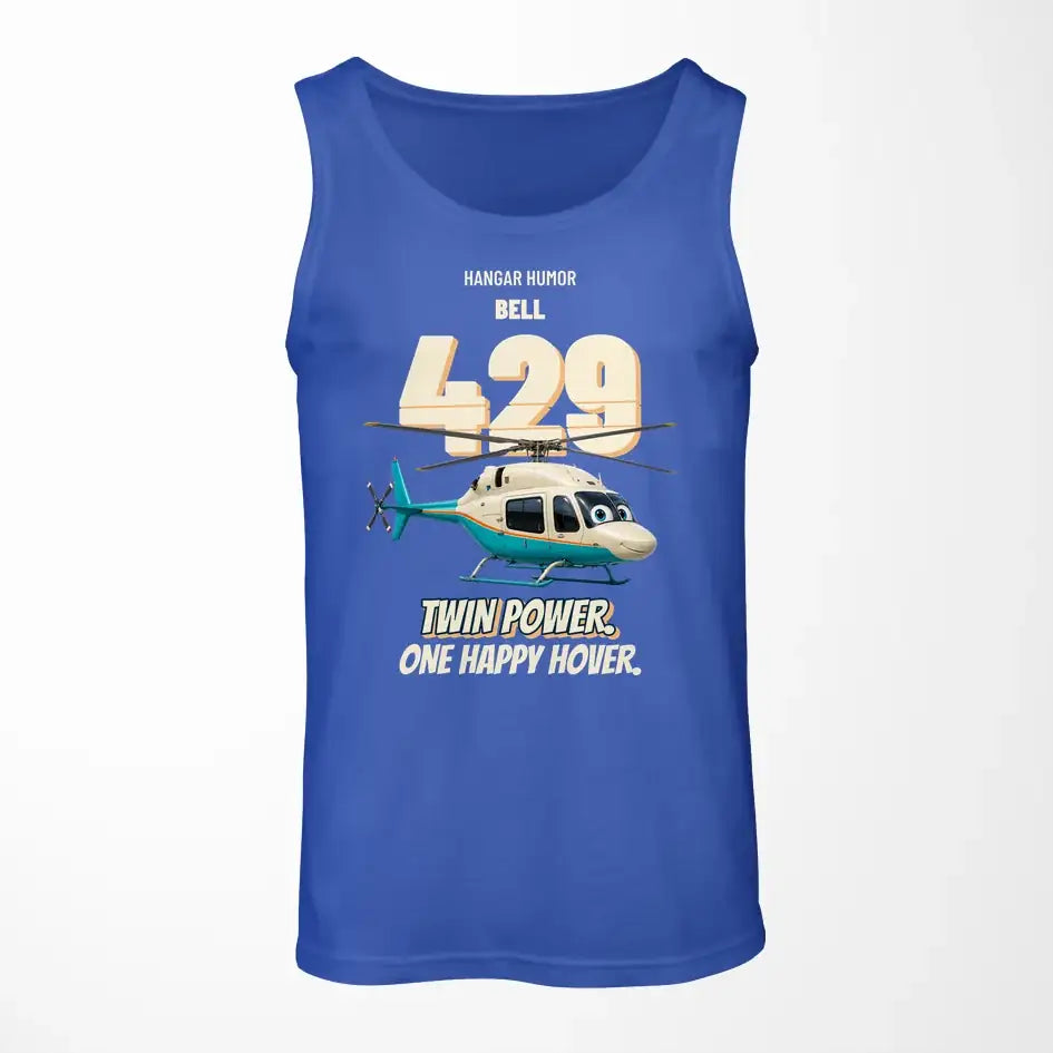 Bell 429 - Twin power. One happy hover. design on blue tank top