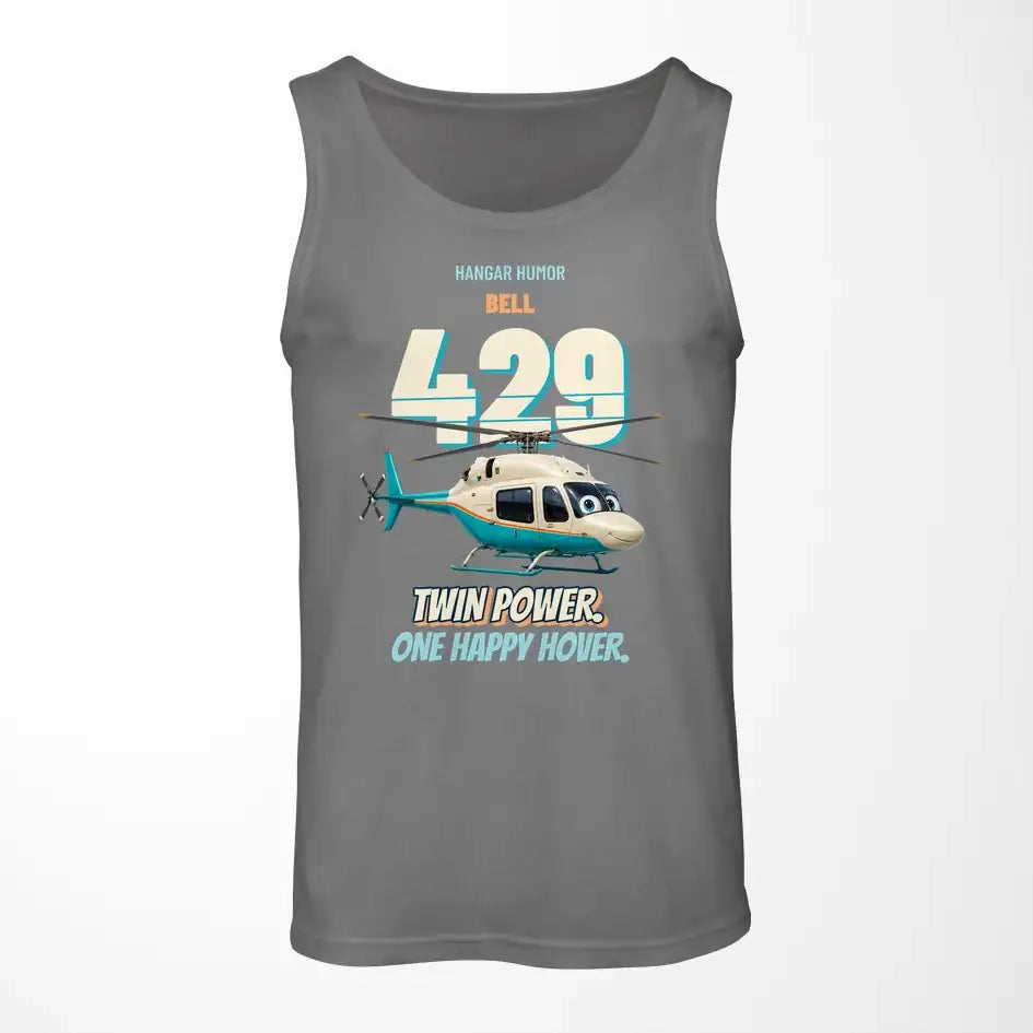 Bell 429 - Twin power. One happy hover. design on gray tank top