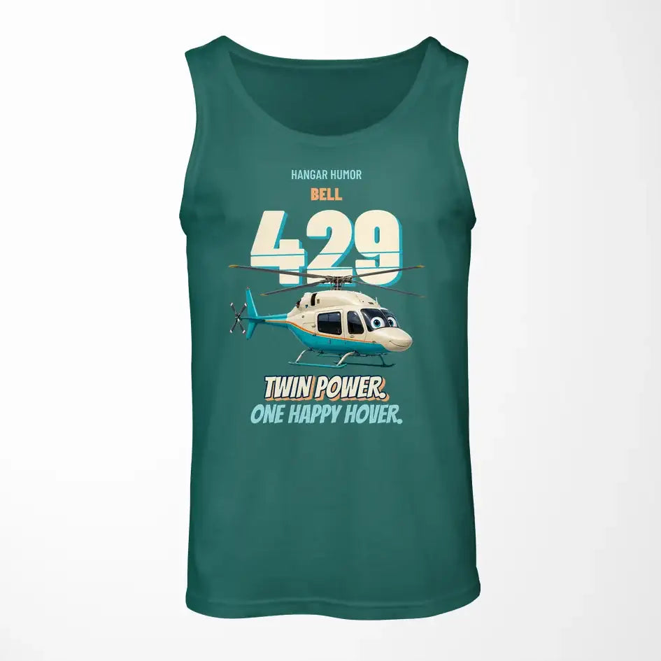 Bell 429 - Twin power. One happy hover. design on green tank top