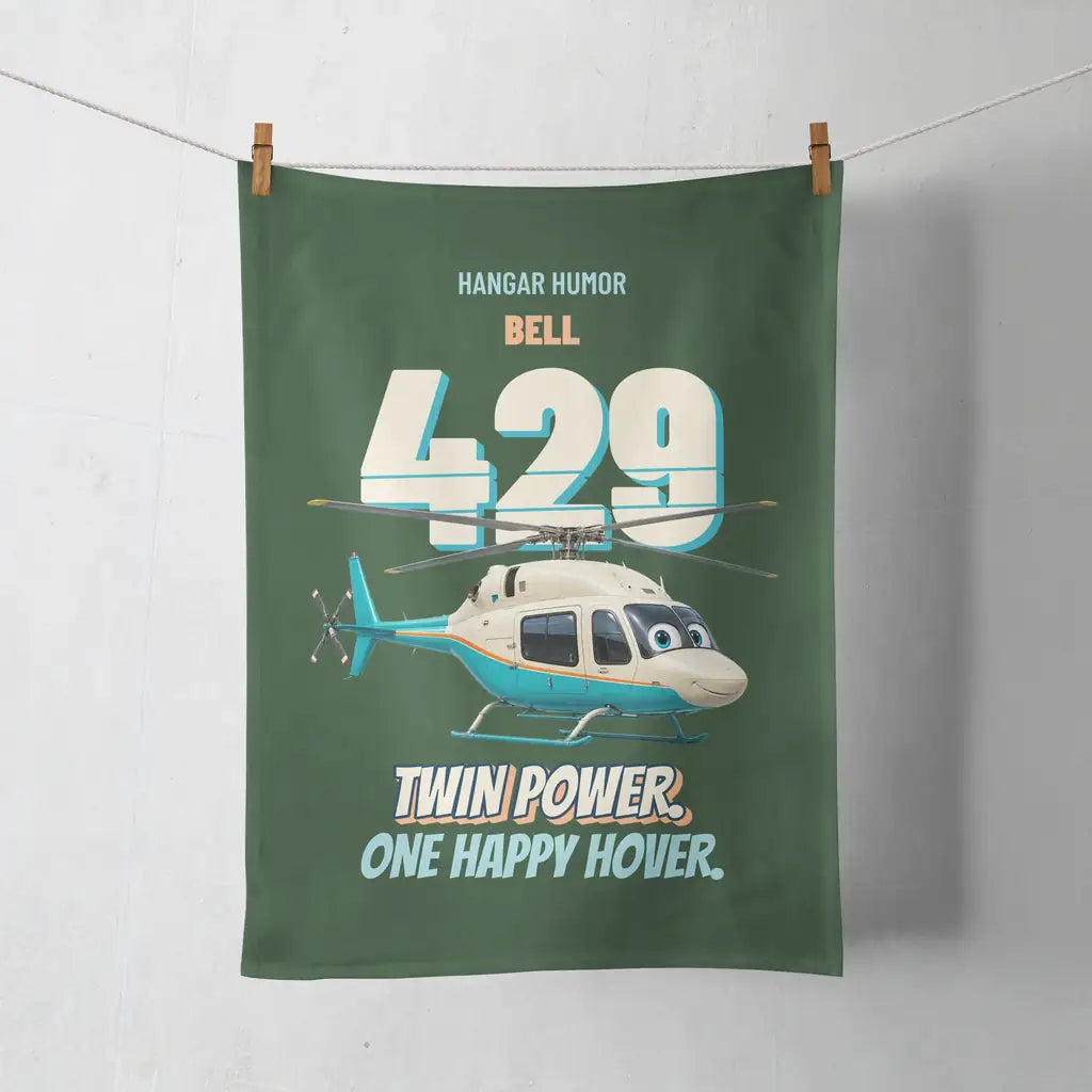 Bell 429 - Twin power. One happy hover. design on dark green towel