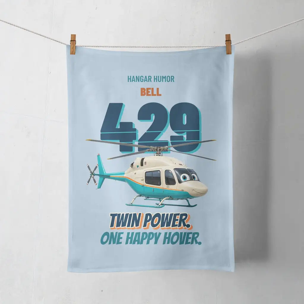 Bell 429 - Twin power. One happy hover. design on light blue towel