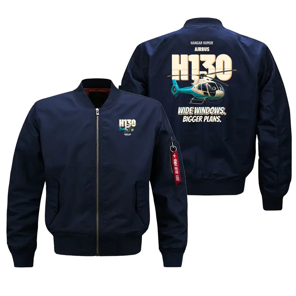 Airbus H130 - Wide windows. Bigger plans. design on blue bomber jacket