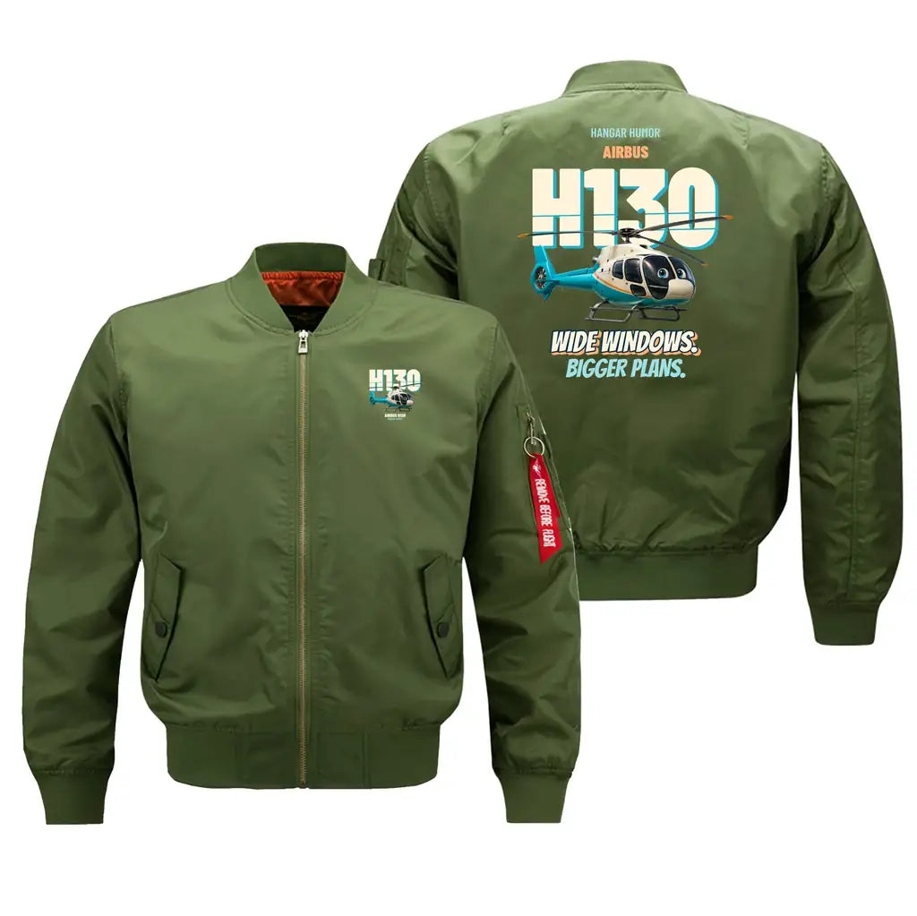 Airbus H130 - Wide windows. Bigger plans. design on green bomber jacket