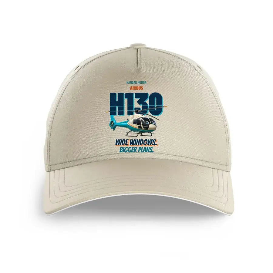 Airbus H130 - Wide windows. Bigger plans. design on beige printed hat