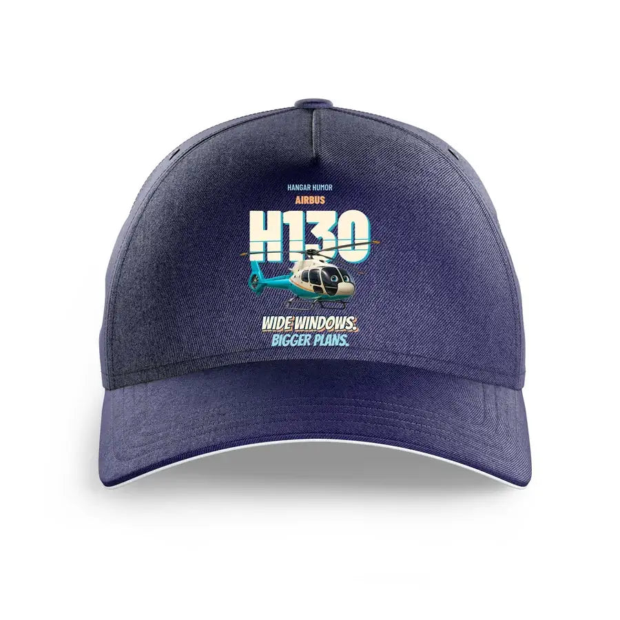 Airbus H130 - Wide windows. Bigger plans. design on dark blue printed hat