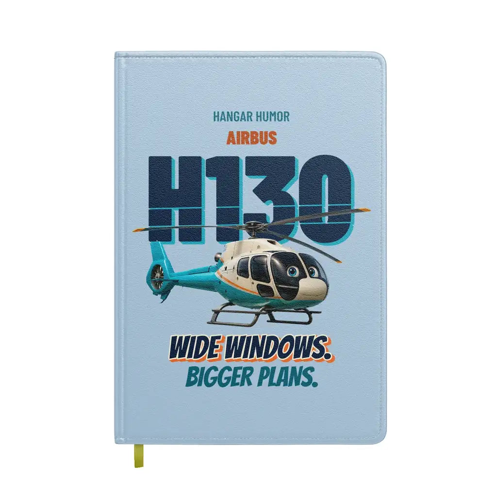 Airbus H130 - Wide windows. Bigger plans. design on light blue notebook