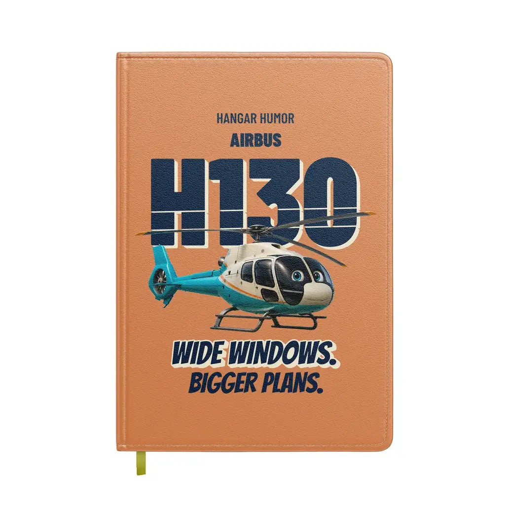 Airbus H130 - Wide windows. Bigger plans. design on orange notebook